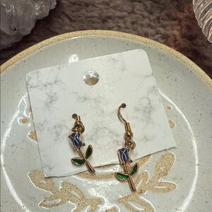 Gold and Blue Rose Earrings